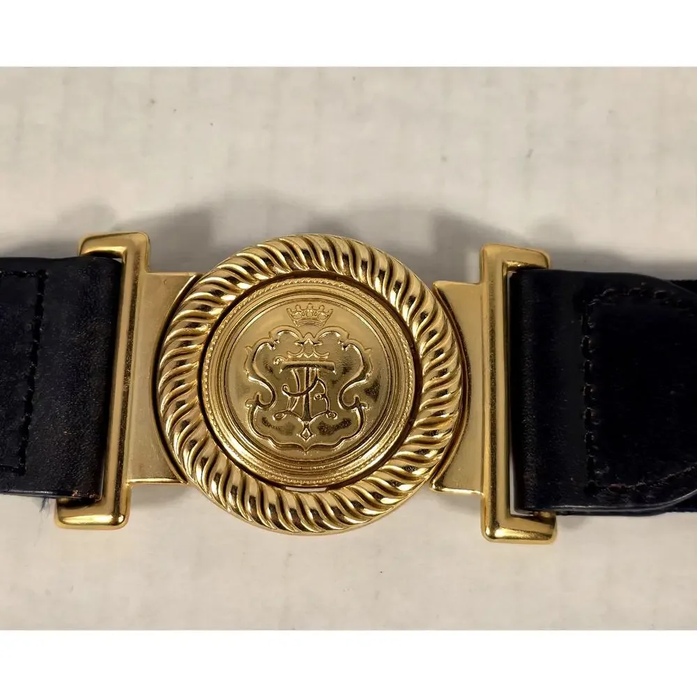 Talbots VTG Crest Buckle Elastic Stretch Belt Navy Green Stripe Medium Preppy